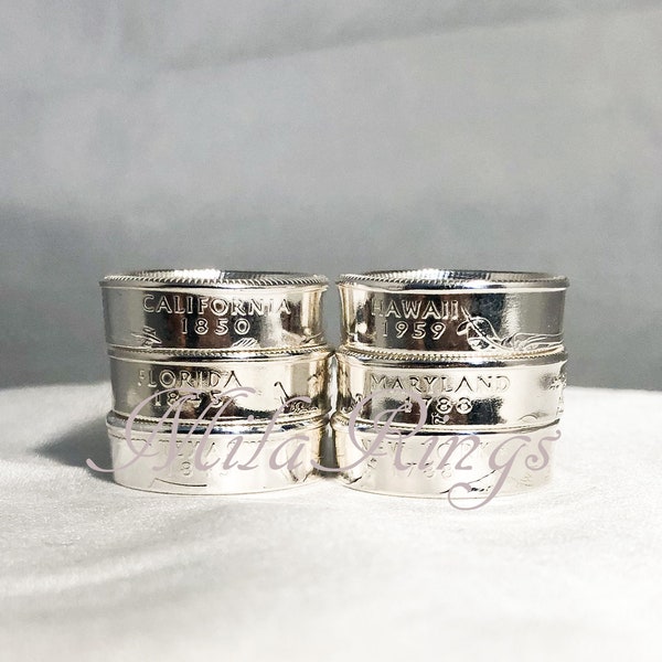 90%  Silver State Quarter Ring, Silver Coin Ring, Silver Handmade Quarter Ring, Promise Ring  Including 50 States rings  6mm width.