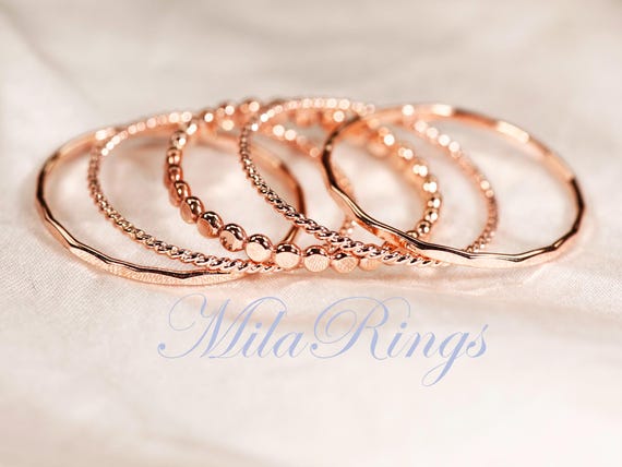 14K Rose Gold Filled Stackable Ring Set- No.7: 5 Pieces Twist & Hammered Design