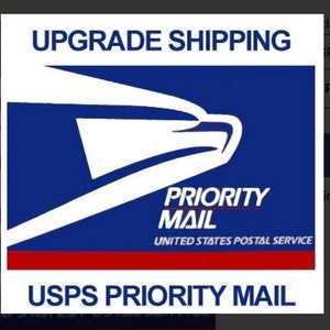 May include: A blue and white USPS Priority Mail logo with the text "UPGRADE SHIPPING" at the top and "USPS PRIORITY MAIL" at the bottom.