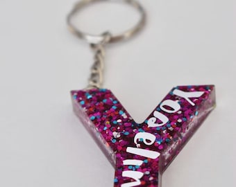 Personalized Resin Letter Keychain – Custom Initial & Name – Glitter Keychain – Purse, Backpack, or Bag Charm – Gift for Her or Friends
