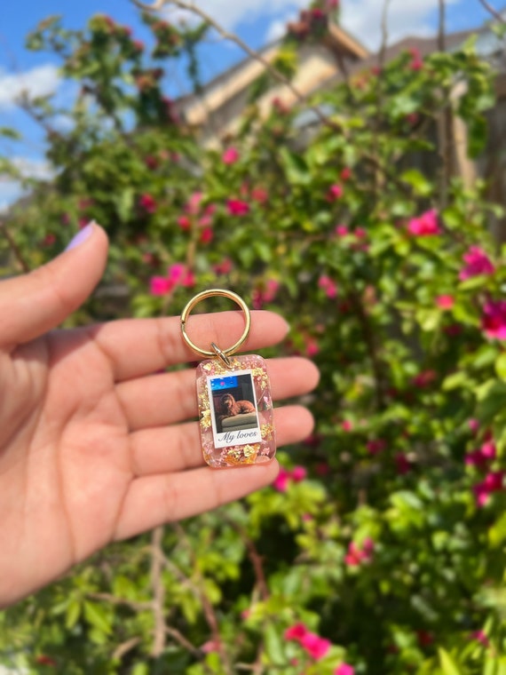 Custom Photo Gold Keychain With Lettering, Personalized Resin