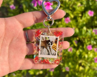 Personalized Gift Photo Keychain, Dried Flowers, Custom Picture Keepsake Gift, Pet Memorial Gift, Anniversary Gift, Christmas Stocking