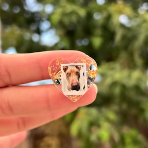 May include: A heart-shaped clear resin charm featuring gold leaf flakes embedded throughout the material and a small square photograph of a brown dog with pointed ears centered on the front surface of the heart-shaped piece.