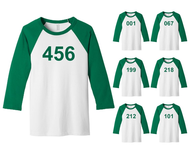 Squid game uniform 3/4 sleeve shirt | 456, 001, 067, 199, 218, 212, 101 or a custom number of your choice! | Easy Halloween Costume 