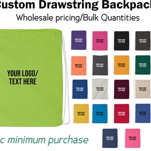 Custom Cotton Drawstring Backpack, Bulk Drawstring Bags, Drawstring Back Pack, Wholesale bags (6 pieces MINUMUM purchase)