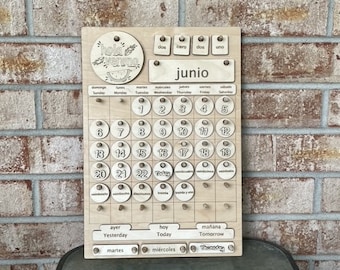 Perpetual Bilingual Spanish-English | Chinese-English | German-English | Wooden Calendar | Family | Montessori | Homeschool | Learning