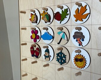 1.25" Weather Coins | 11" x 16" Calendar | Seasons Coin Perpetual Calendar | Chart Coins | Picture | Wood 3D Coin | Rain, Cloud, Sun, Snow