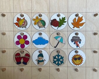 2" Weather Coins | 16" x 24"  Calendar | Seasons Coin Perpetual Calendar | Chart Coins | Wood 3D Coin | Summer, Spring, Winter, Fall