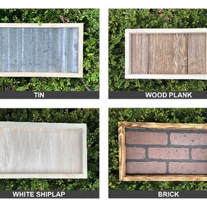 May include: Four different types of wooden signs with a natural wood frame. The signs are labeled "Tin", "Wood Plank", "White Shiplap", and "Brick".