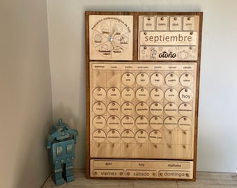 16" x 24" Spanish Natural Wooden Calendar | Perpetual Calendar | Home Calendar | Montessori Calendar | Homeschool | Handmade | Learning Tool