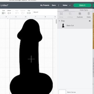 May include: A black silhouette of a shape resembling a human body part on a white grid background. The image is displayed in a design software interface with tools for editing, arranging, and creating designs.