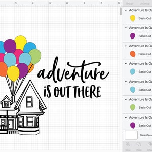 Może przedstawiać: Czarno-biała ilustracja domu z balonami przymocowanymi do komina. Tekst "adventure is out there" jest napisany kursywą pod domem.