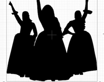 以下が含まれることがあります： 長いドレスを着た3人のシルエットで、全員が腕を上げています。シルエットはダイナミックでエネルギッシュなポーズをとっており、動きと興奮を感じさせます。