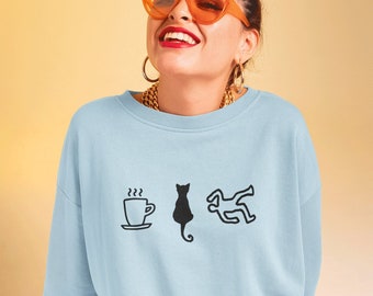 Coffee Cats and True Crime Sweatshirt Cute Murder Shows Podcasts Fan Aesthetic Clothing Oversized Sweatshirt Trending Crewneck Sweatshirt