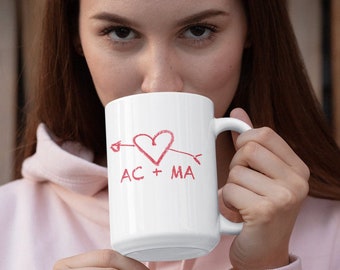 Valentine's Day Personalized Heart And Arrow Mug Wedding Bridal Shower Engagement Anniversary Personalized 11 Or 15  Oz Ceramic Mug
