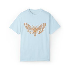 May include: A light blue t-shirt with an orange moth graphic printed on the front.