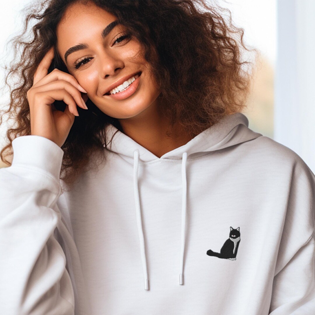 Tuxedo Cat Hoodie Embroidered Black and White Cat Hoodie Cat ...
