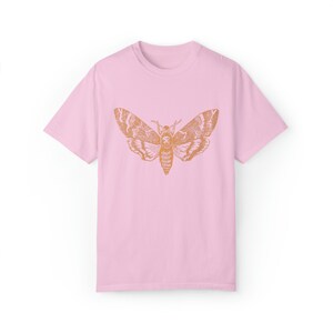 May include: A pink t-shirt with a vintage illustration of a moth in orange on the front.