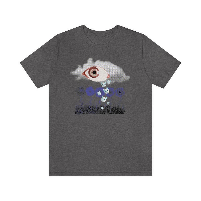 May include: A dark gray t-shirt with a graphic print of a large eye in a cloud with small white cats falling from the cloud.