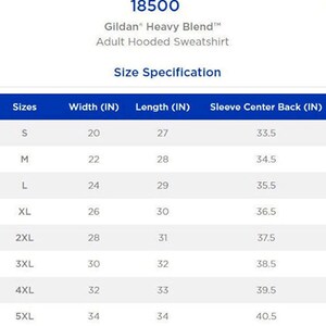 May include: Size chart for a Gildan Heavy Blend adult hooded sweatshirt. The chart shows the width, length, and sleeve center back measurements in inches for sizes S through 5XL.