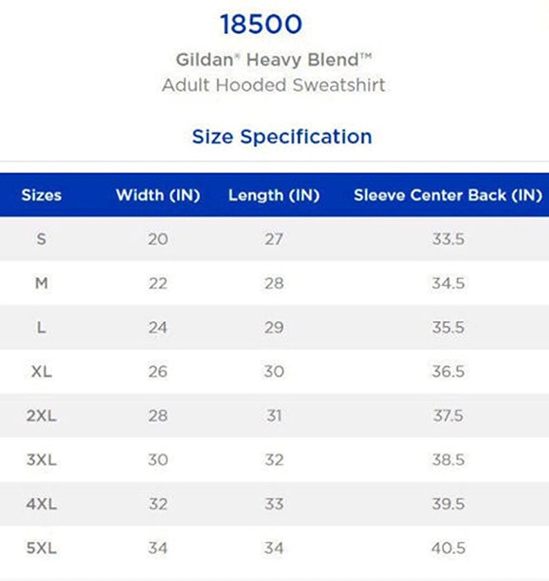 May include: Size chart for a Gildan Heavy Blend adult hooded sweatshirt. The chart shows the width, length, and sleeve center back measurements in inches for sizes S through 5XL.