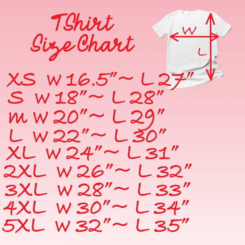 Op de afbeelding: Een rood-witte T-shirt maattabel met metingen in inches. De tabel toont de breedte- en lengtemetingen voor maten XS tot en met 5XL.