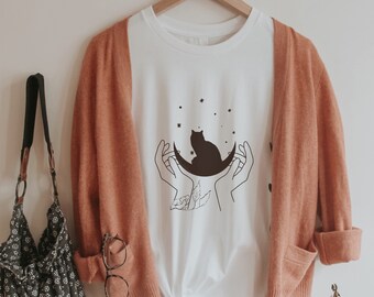 Cat On The Crescent Moon T-Shirt | Witchy cat Shirt shirt |  Halloween Black Cat boho style Shirt |  Simple cat shirt