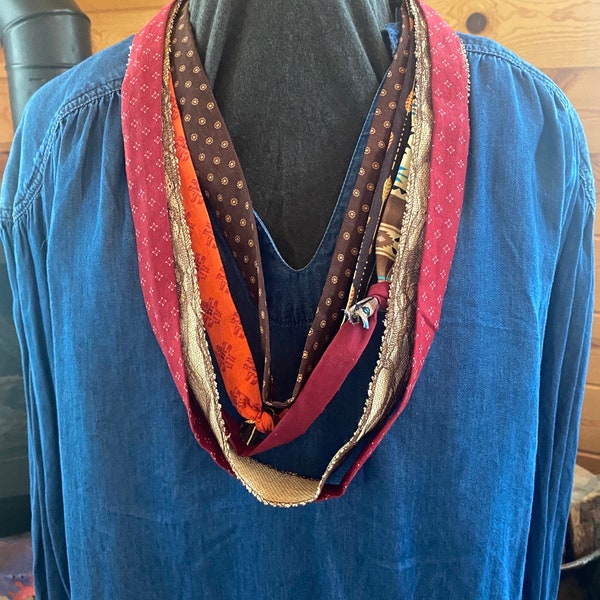 Native American Made Boho Brown Lace Fabric Scrap Scarf Necklace