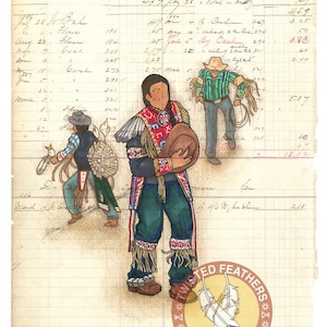 May include: A hand-drawn illustration of three people in traditional clothing. The central figure is wearing a blue and red patterned shirt with a brown hat and holding a brown object. The other two figures are wearing plaid shirts and hats. The illustration is on a sheet of lined paper with handwritten text and a stamp that reads "Twisted Feathers Native Owned".