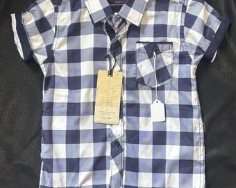 Native American Made Boy's Blue/White Plaid Short Sleeve Contemporary Ribbon Shirt 4T