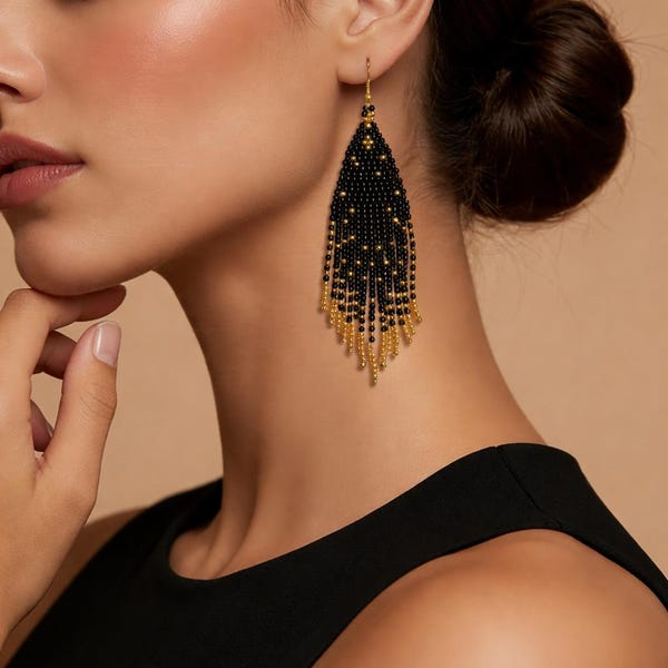 Boucles d'oreilles perles de rocaille en verre noir minuit Boucles d'oreilles perles amérindiennes Boucles d'oreilles tendance élégantes Boucles d'oreilles couleur noir métallisé