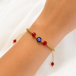 Makramee-Armband mit bösem Blick, verstellbares Schutzarmband, Armband mit rotem Kristall und goldener Kordel, handgefertigtes Freundschaftsgeschenk für Frauen