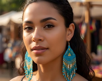 Turquoise Earrings Beaded Earrings Statement Earrings Lightweight Earrings Long Tassel Earrings