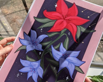 Pode incluir: Uma ilustração digital de três flores sobre um fundo azul escuro com estrelas brancas. As flores são vermelhas, azuis e azul claro. A flor vermelha está no centro e as flores azuis estão de cada lado.