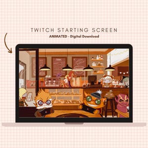 May include: Animated Twitch starting screen featuring a cartoon cafe scene with characters in front of a counter with pastries and drinks. The text "Twitch Starting Screen" is at the top of the image and the text "ANIMATED - Digital Download" is below it.