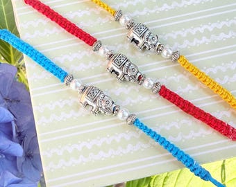 Handmade Silver Elephant Rakhi Bracelets, Colorful Cotton Thread Macrame Rakhris, Modern Minimalist Design 3 Pack Rakhees, Red, Yellow, Blue