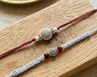 Burgundy and Gray Cotton Rakhi Set: Silver 2 Pack, Modern Raksha Bandhan Father & Son Rakhi Bracelet Set, Simple Macrame Rakhri Pair, Rakhdi