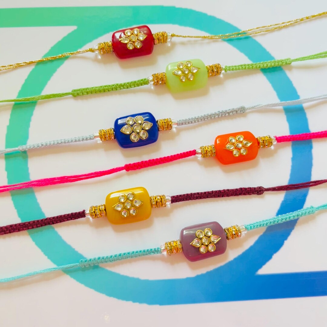 Pack of 1/2/3/6 Modern Macrame Kundan Rakhis, Colorful Rectangle Piece ...