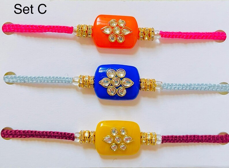 Pack of 3 Modern Macrame Kundan Rakhis, Colorful Rectangle Piece ...