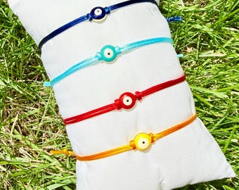 Evil Eye Pre-Tied Rakhi Bracelets: Minimalist Adjustable Sliding Knot for Raksha Bandhan, 4 Pack Rakhee Bracelets Blue/Turquoise/Red/Yellow