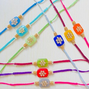 Pack of 3 Modern Macrame Kundan Rakhis, Colorful Rectangle Piece ...