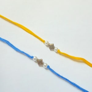 Simple Silver Diamond Piece Rakhis Blue & Yellow Minimalist Pearl Rakhis, Colorful Rakhis to Send to Brother or Kids, 1-12 Pack of Rakhris