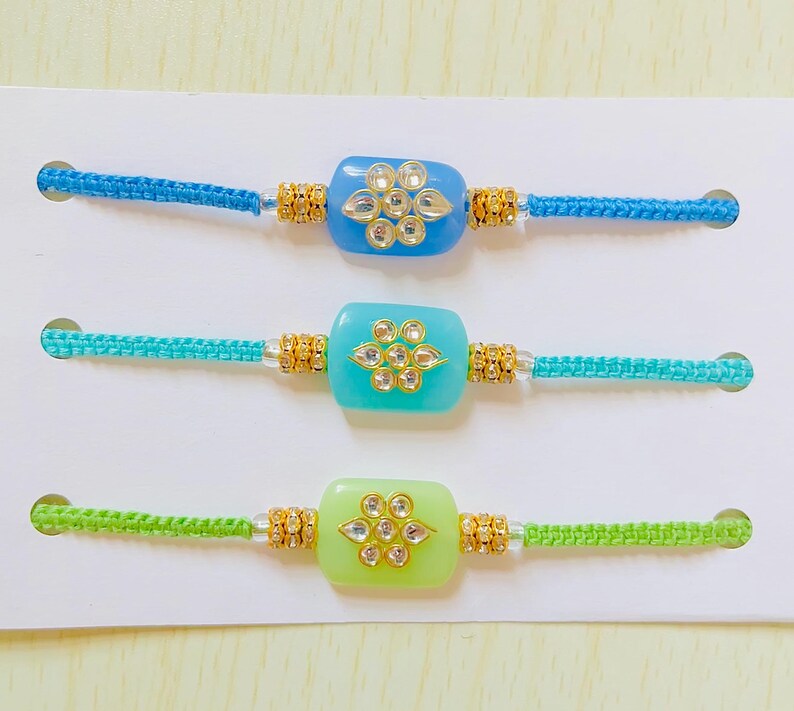 Pack of 3 Modern Macrame Kundan Rakhis, Colorful Rectangle Piece ...