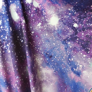Purple Tie die Galaxy Print Four Way Stretch Bullet/Liverpool Fabric Vendu par cour