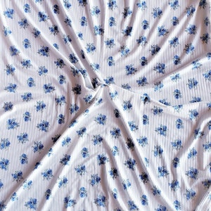 RIB KNIT. White Background Blue Daisy Flower Print Rib knit Soft Four way stretch Fabric Sold by yard