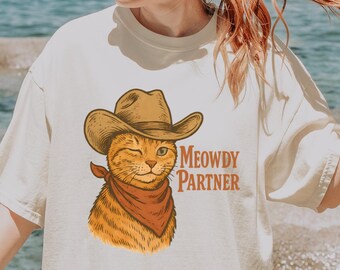 Meowdy Partner Funny Western Style Cat Shirt with Cowboy Hat for Cat Lovers, Cute Country Kitty Graphic Tee Gift for Pet Owners