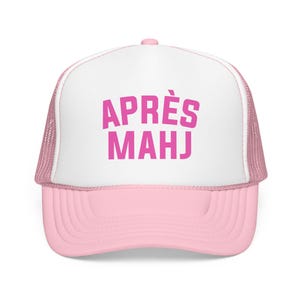 Apres Mahj Trucker Hat, Mahjong Trucker Cap, Retro Foam Mesh Hat, Mahjong Gift for Her, Game Night Hat, Mahj Squad Gift, Funny Mahjong Hat Light Pink/White