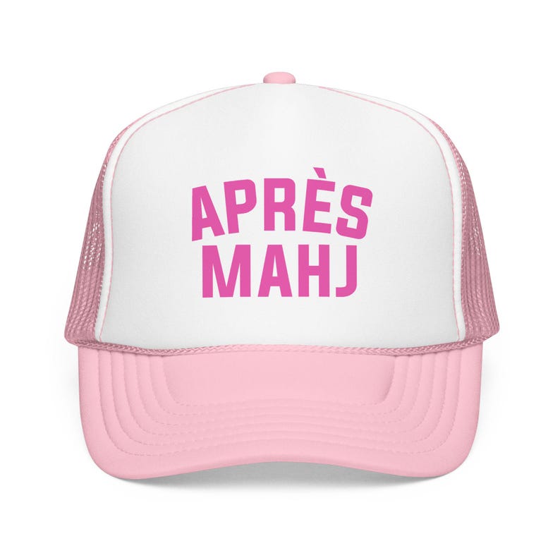 Apres Mahj Trucker Hat, Mahjong Trucker Cap, Retro Foam Mesh Hat, Mahjong Gift for Her, Game Night Hat, Mahj Squad Gift, Funny Mahjong Hat Light Pink/White