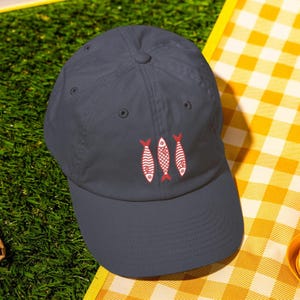 Sardines Embroidered Hat Tinned Fish Dad Cap Coastal Aesthetic Fisherman Style Minimalist Italian Summer Outfit Vintage Seafood Gift