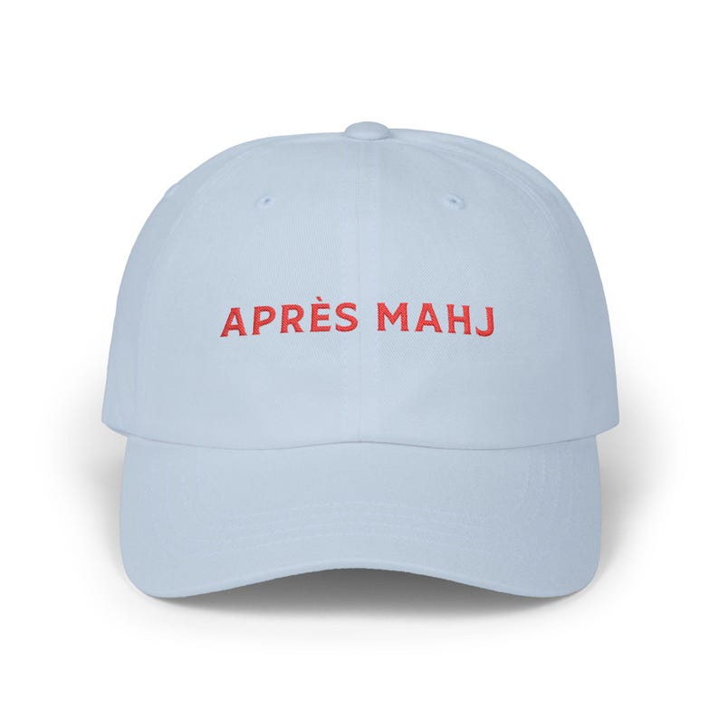 Apres Mahj Baseball Cap, Embroidered Mahjong Hat, Classic Cap for Mahjong Enthusiasts, Game Nights, Mahjong Player Gift Light Blue